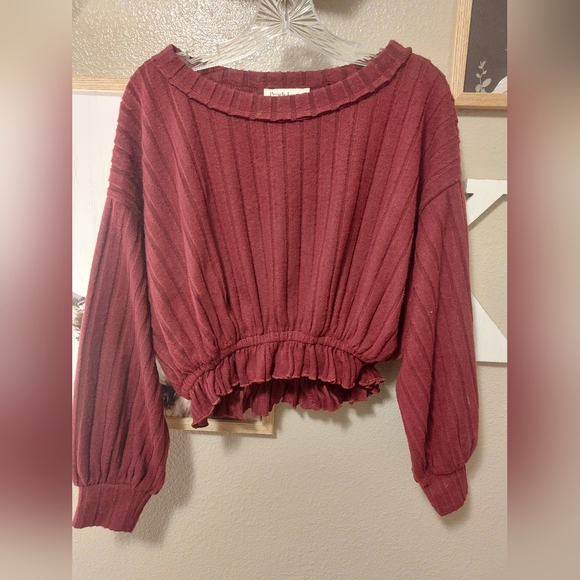 Peach Love Maroon Red striped cinched long sleeve sweater - Picture 1 of 2